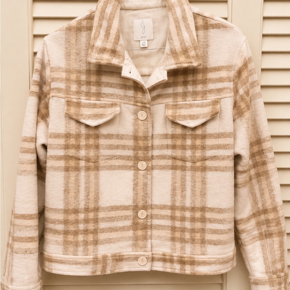 Joie Beige & Cream Plaid Wool-Blend Shacket